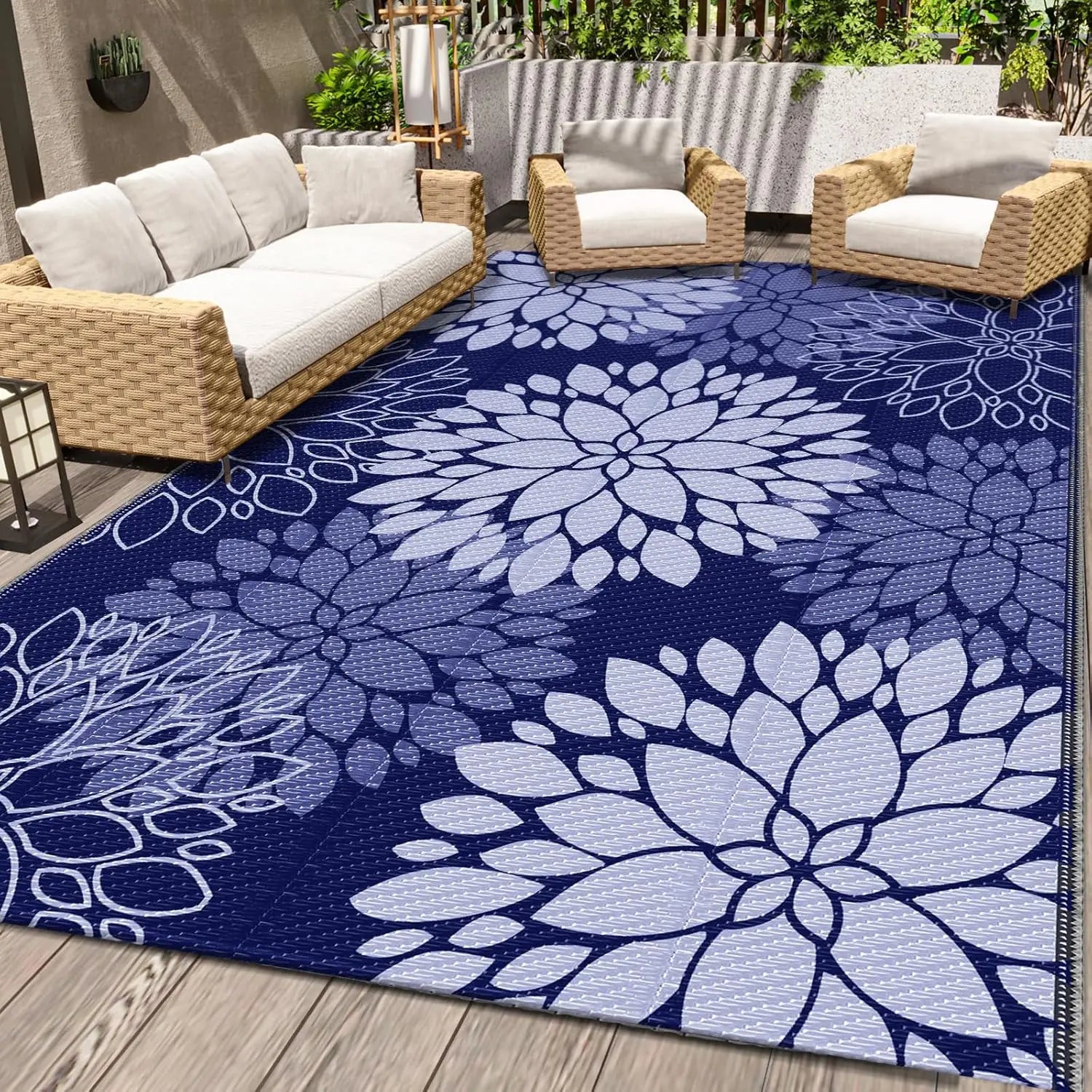 Waterproof Reversible Outdoor Rug, 5' x 8' Blue Mat
