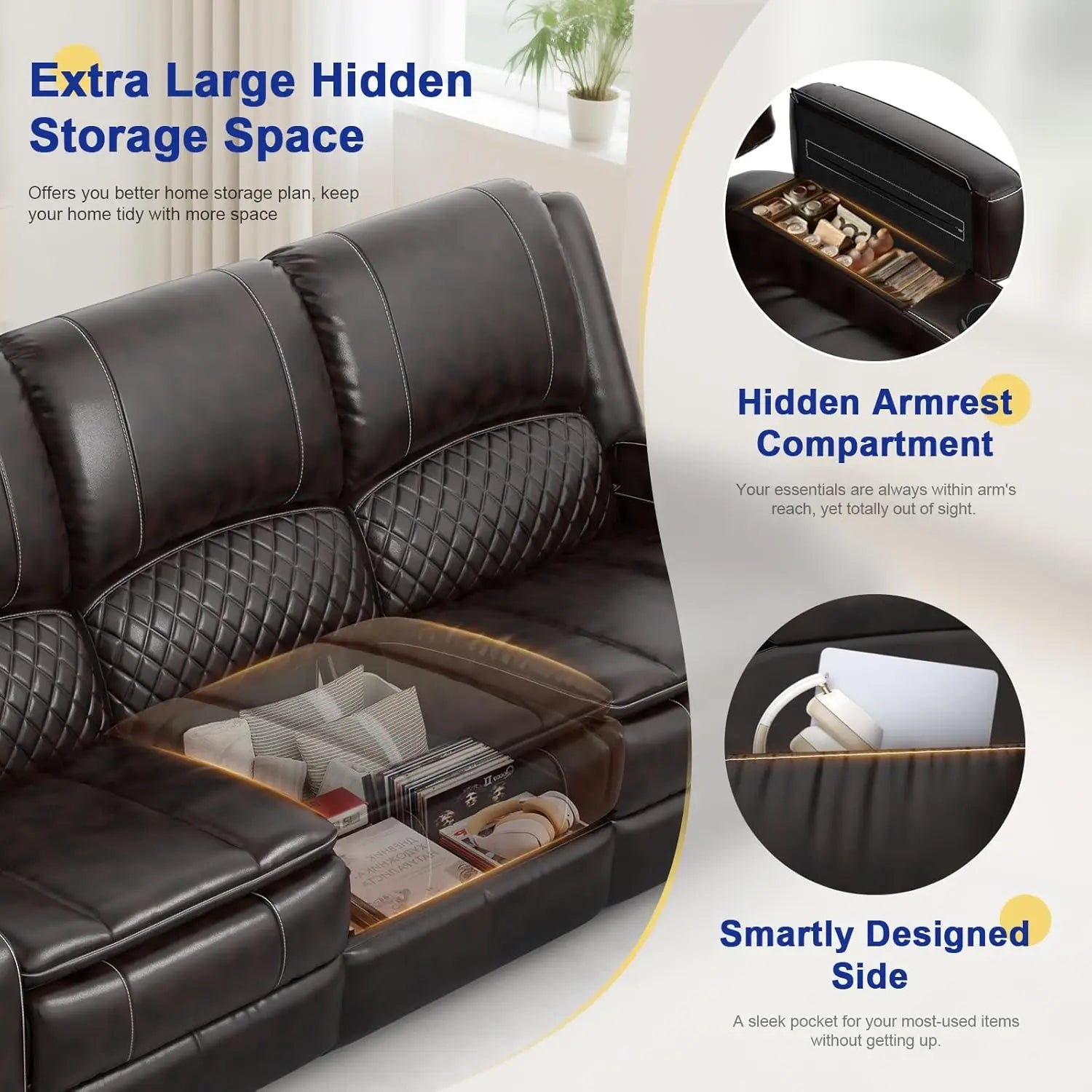 3 Seat Recliner Sofa with Console, Armrest, PU Leather, Cup Holders, USB Ports