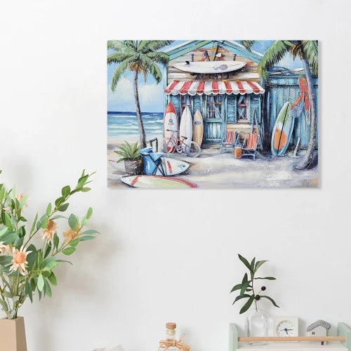 Blue Seaside Villa Surfboard Coconut Tree Ocean  Canvas Wall Art