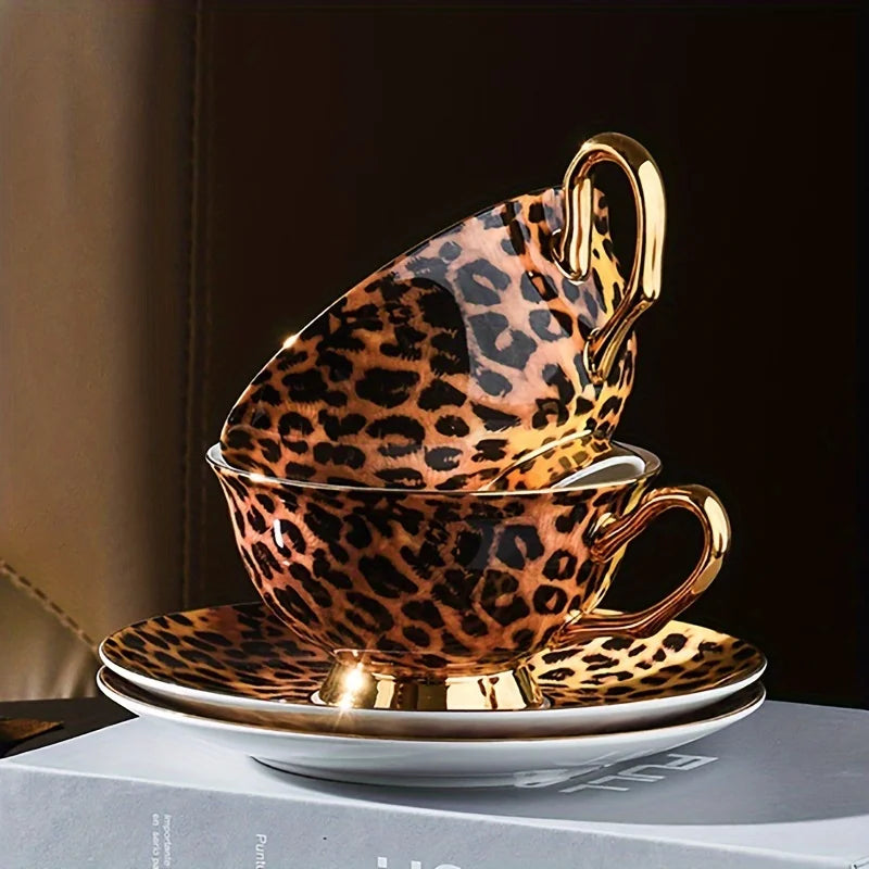 Luxurious Leopard Print Tea Set: Elegant Bone China Cup And Saucer with Golden Trim