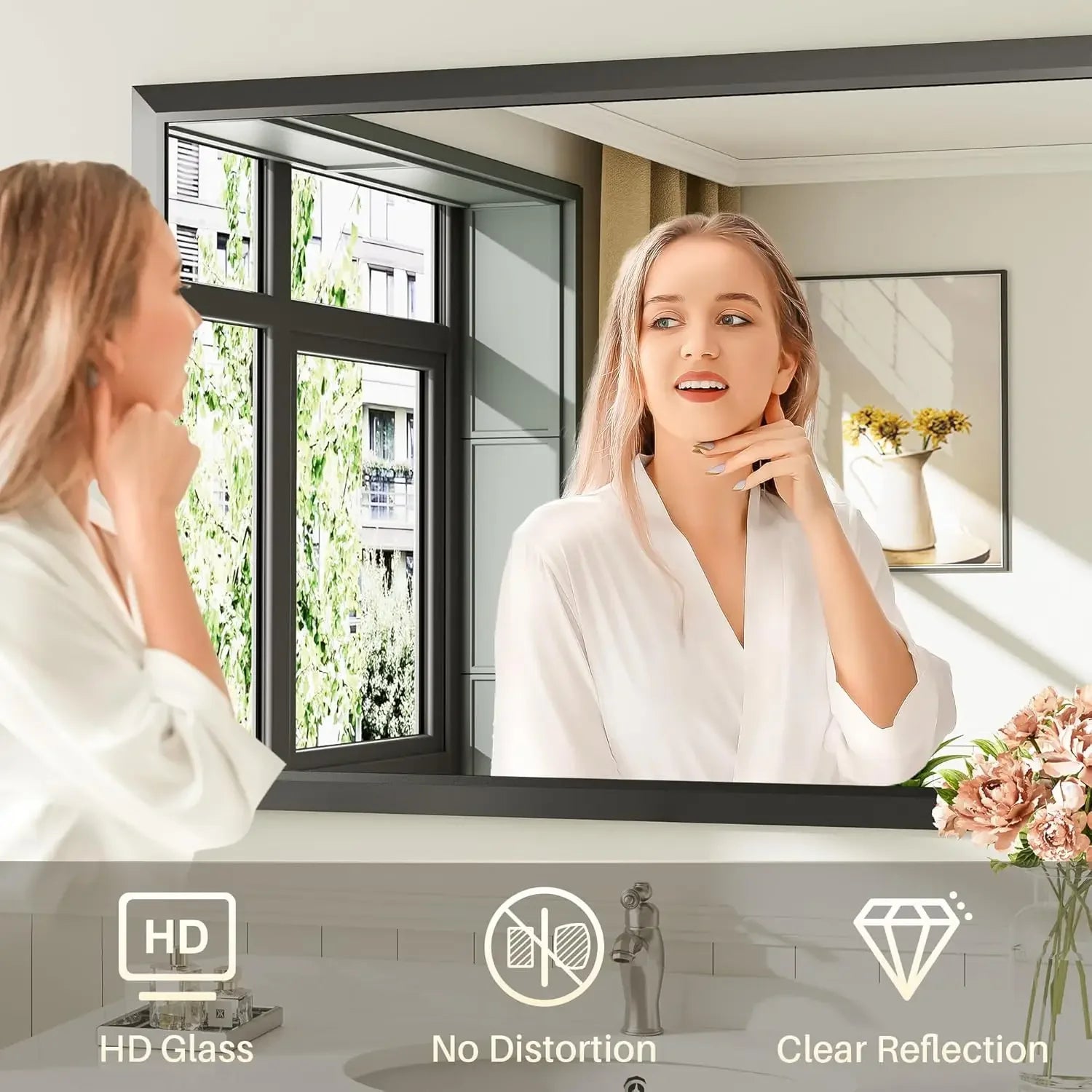 40x30 Inch Black Bathroom Mirror for Wall, Thick Metal Framed Rectangle