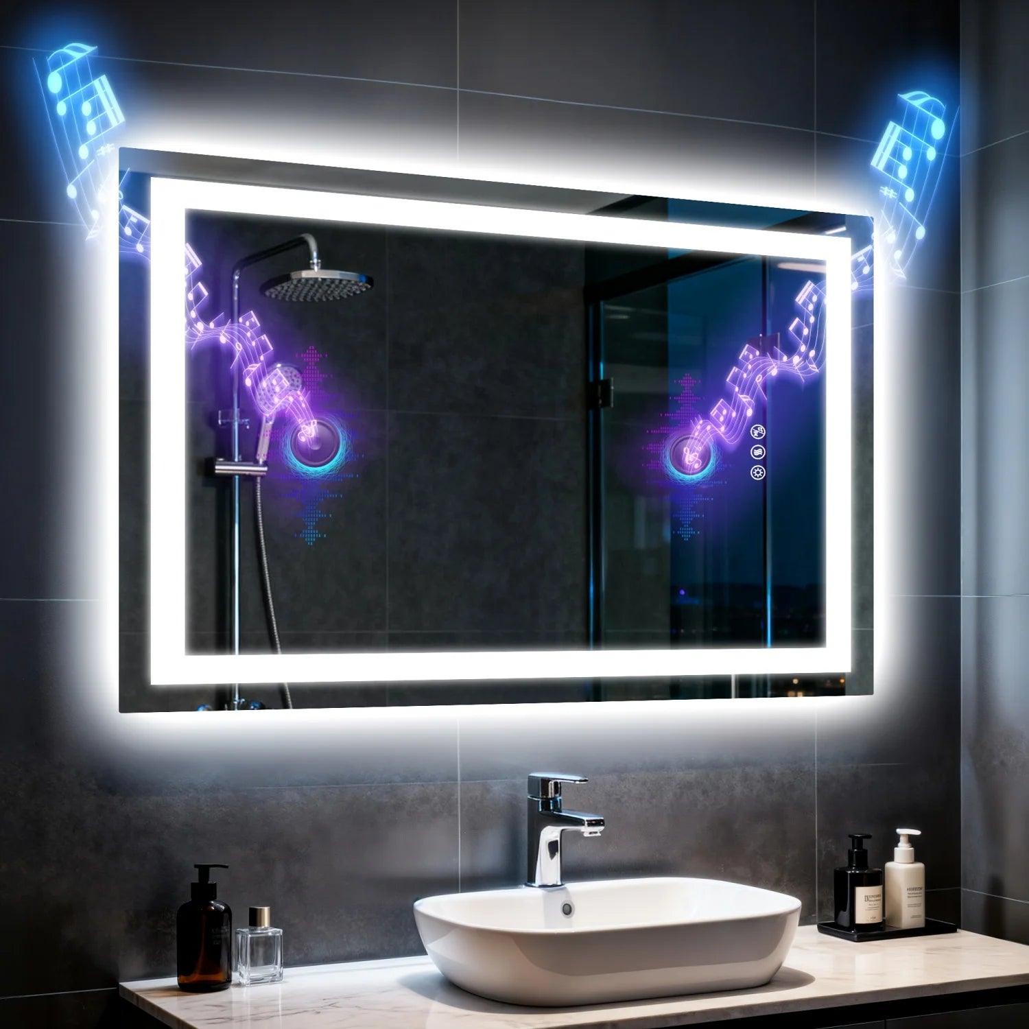 LED Bathroom Mirror Built-in Bluetooth Speaker Anti-Fog Dimmable