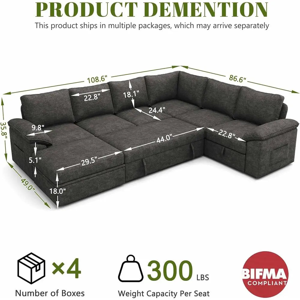 108 Sectional Sofa with Pull-Out Bed, 7-Seat Storage Sectional, Charcoal Grey