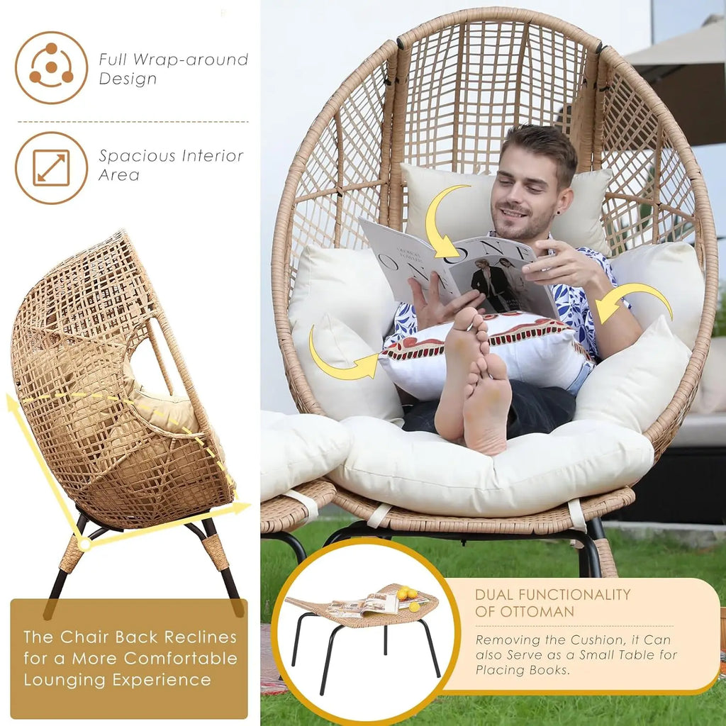 Indoor Outdoor Egg Chair with Ottoman Thick Cushioned Lounge w/Footrest
