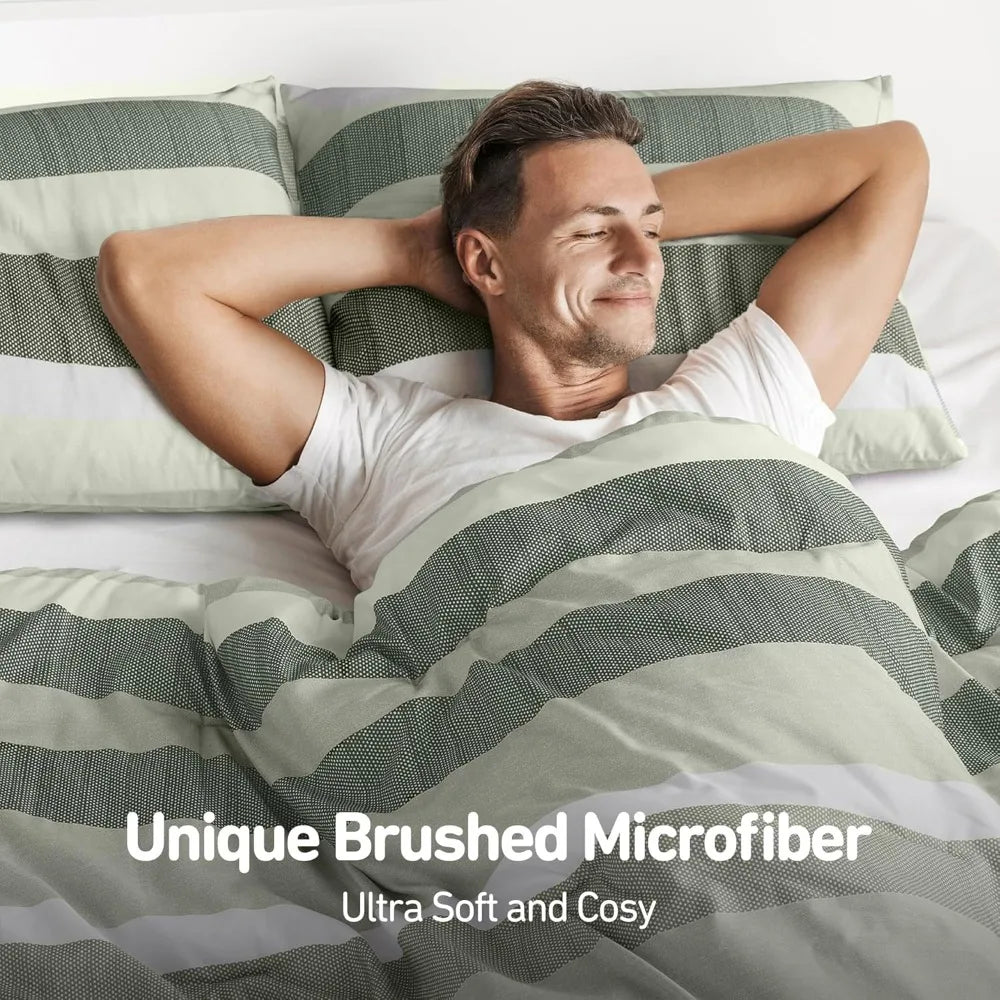 Comforter Set, 3 Pieces Striped Bed Set, Soft Brushed Microfiber Reversible