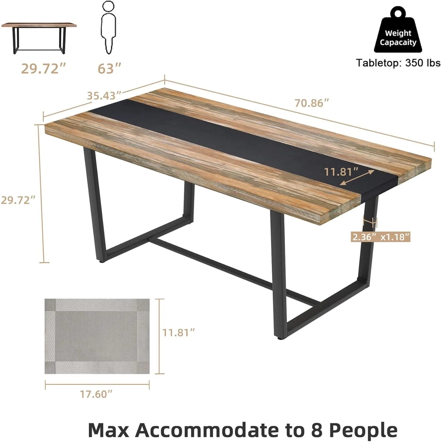 Large Dinner Table for 6 8 Seat Dining Room Table 71" 6ft