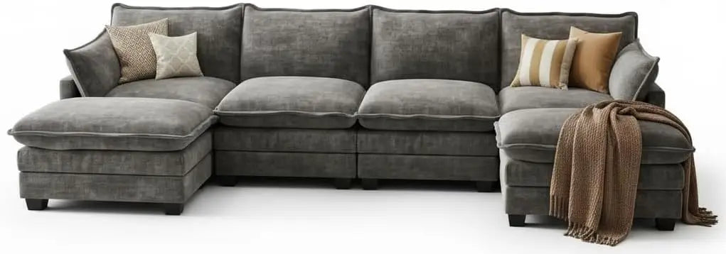U Shaped Modular Sectional Sofa, Cloud Couch with Movable Ottoman, Comfy Chenille Sofa with Pillows for LivingApartment