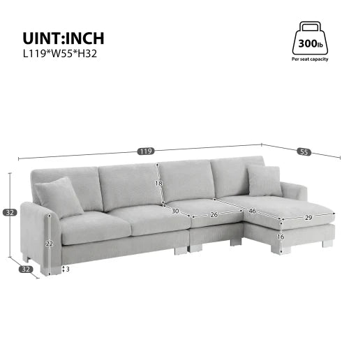Luxury Modern 119x55" Oversized Sectional Sofa, L-shaped 