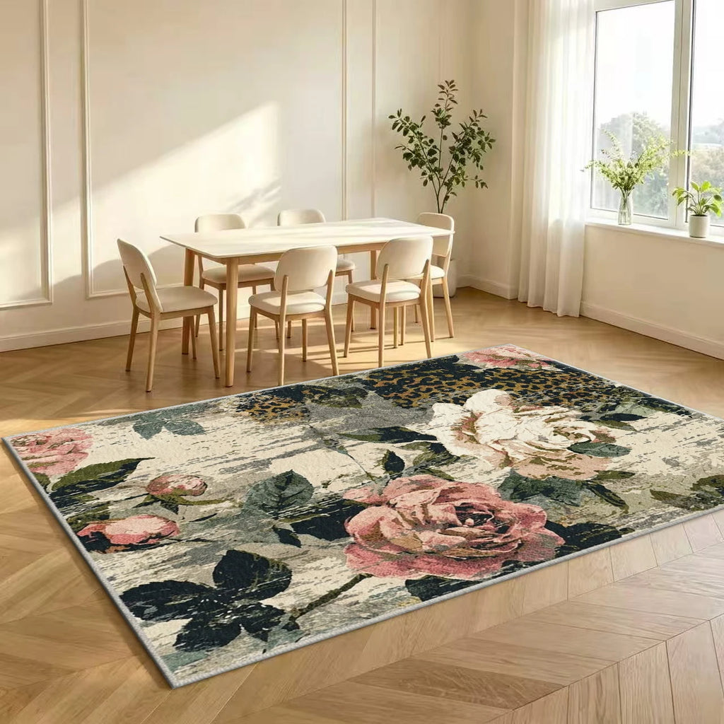 Vintage Rose Leopard Patchwork Area Rug Pink Green Distressed