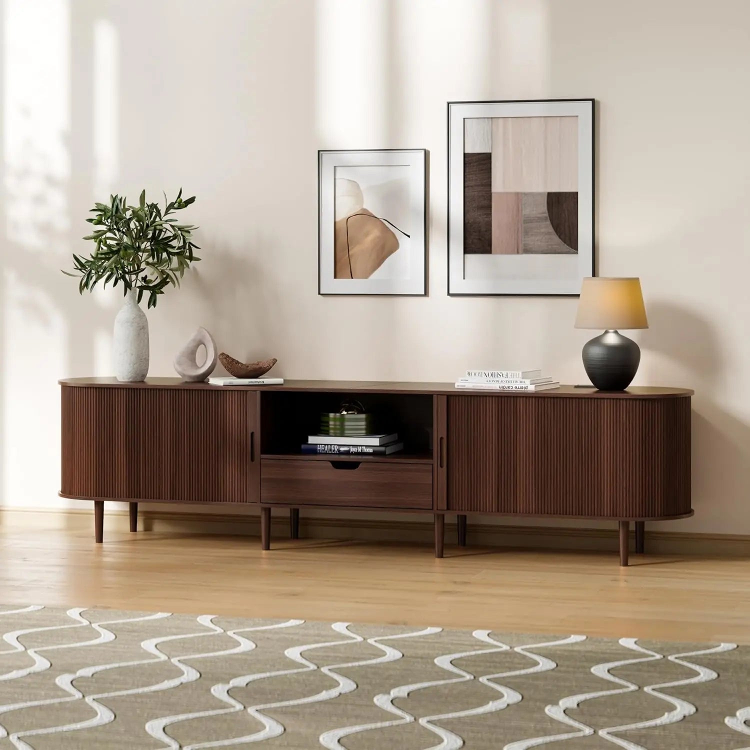 Fluted TV Stand Power Outlet 90" Console 86.6" long