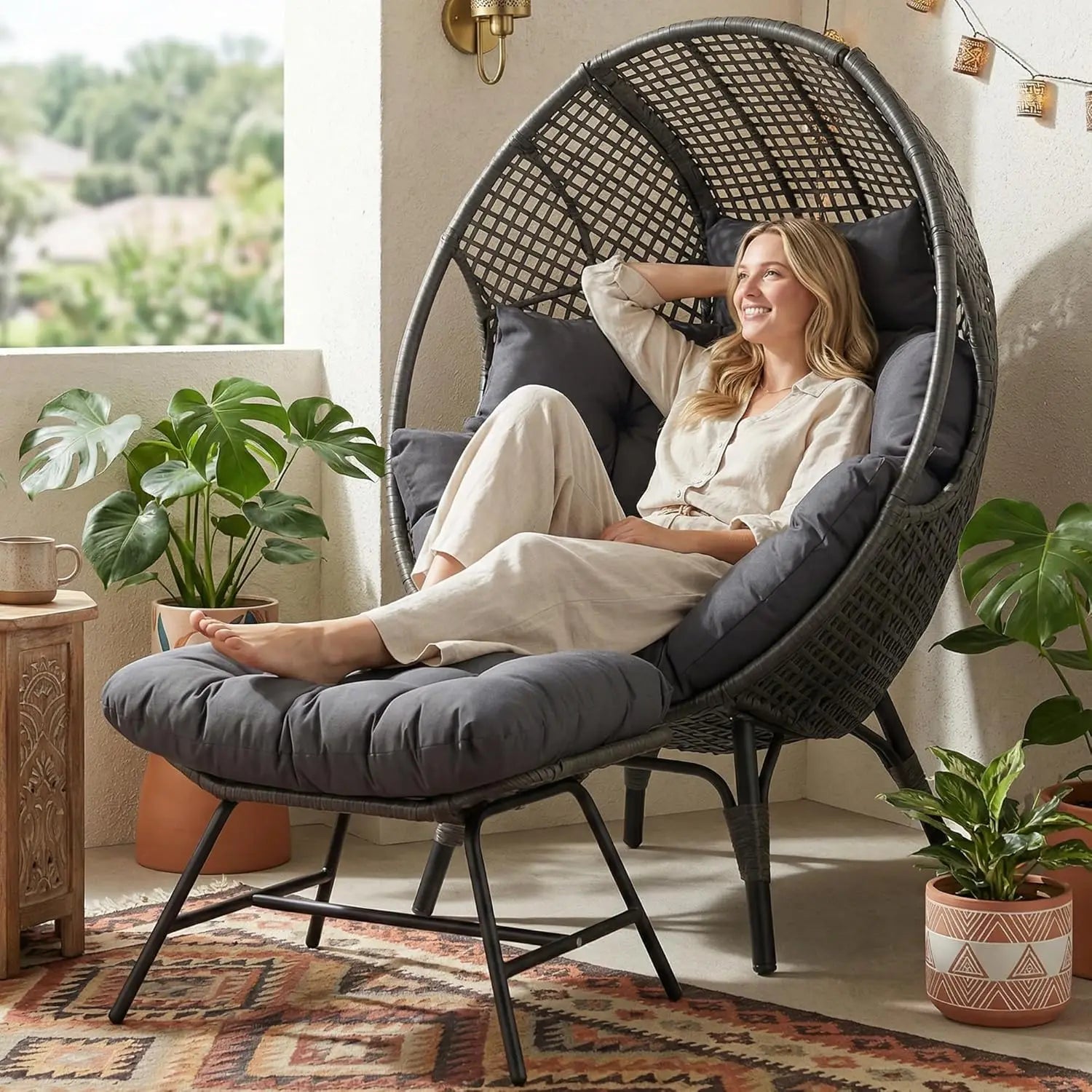 Indoor Outdoor Egg Chair with Ottoman Thick Cushioned Lounge w/Footrest