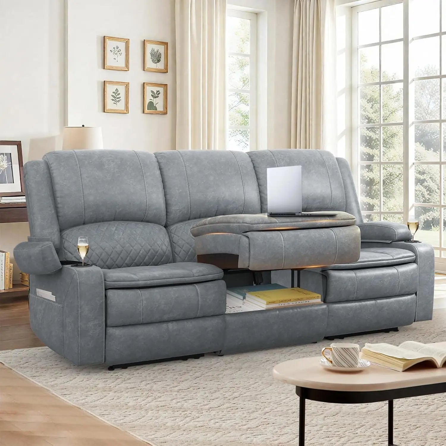 3 Seat Recliner Sofa with Console, Armrest, PU Leather, Cup Holders, USB Ports