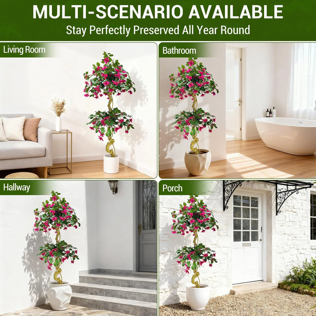Lifelike Artificial Bougainvillea Tree in White Pot Realistic Silk Foliage