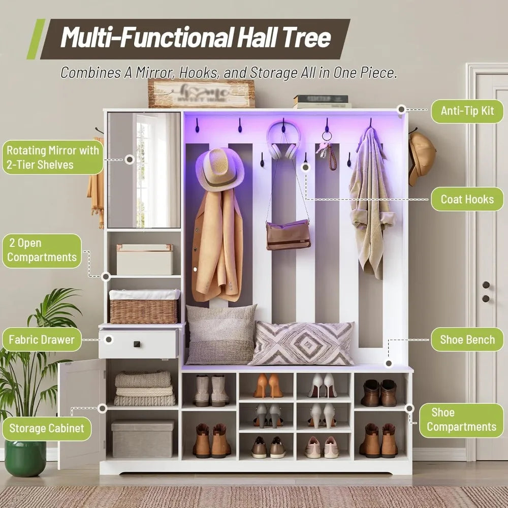 Hall Tree with Bench and Shoe Storage, 59.1" Farmhouse Entryway Bench with Coat Rack and Fabric Drawer, Customized