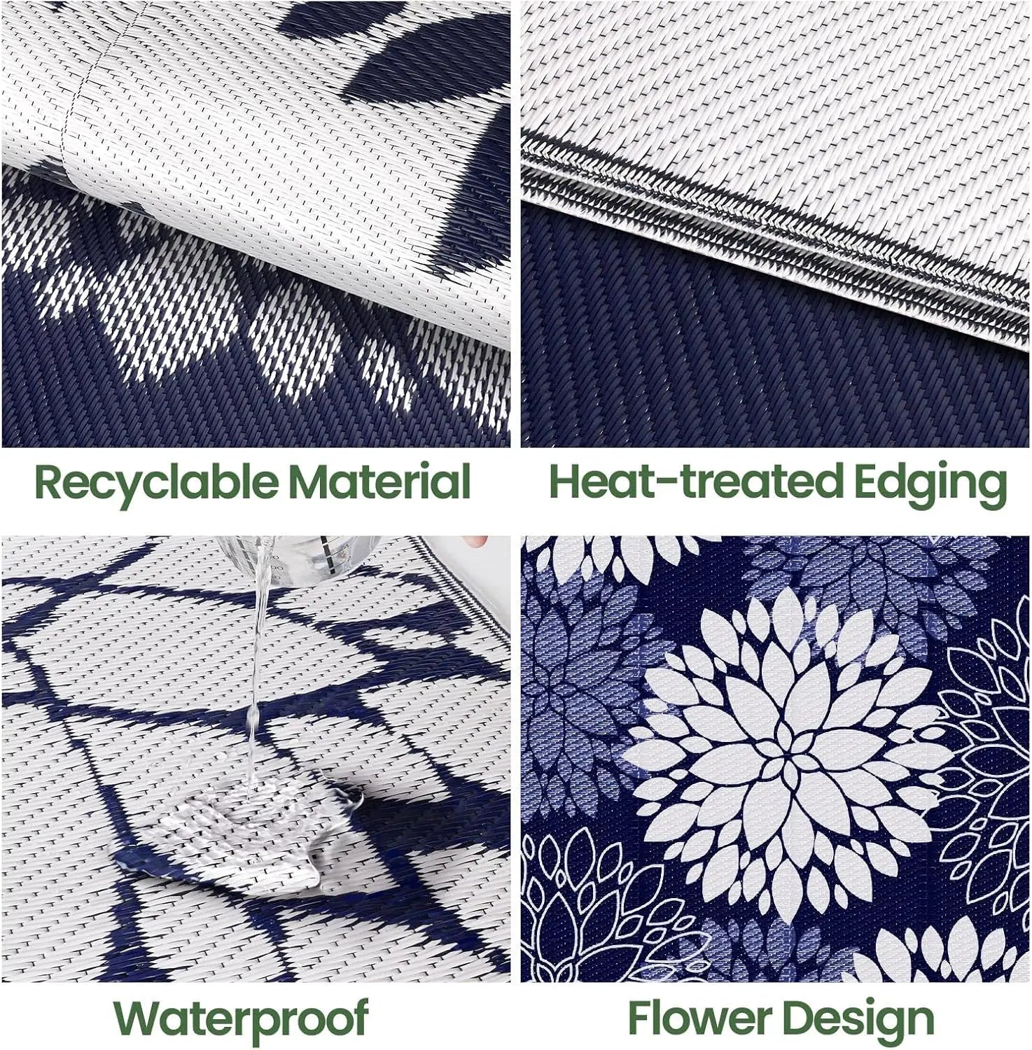 Waterproof Reversible Outdoor Rug, 5' x 8' Blue Mat