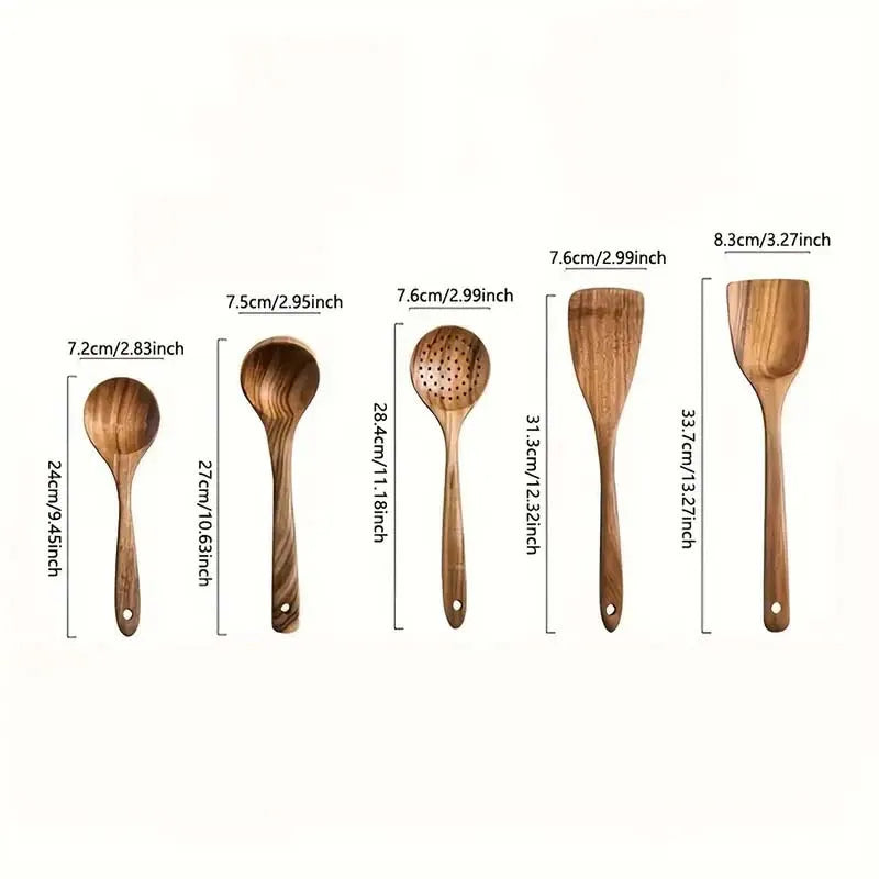 Kitchen Luxury Teak Wood Utensil Set 5-Piece Cooking Ensemble Including Spoons, Server, Scraper & Spatula