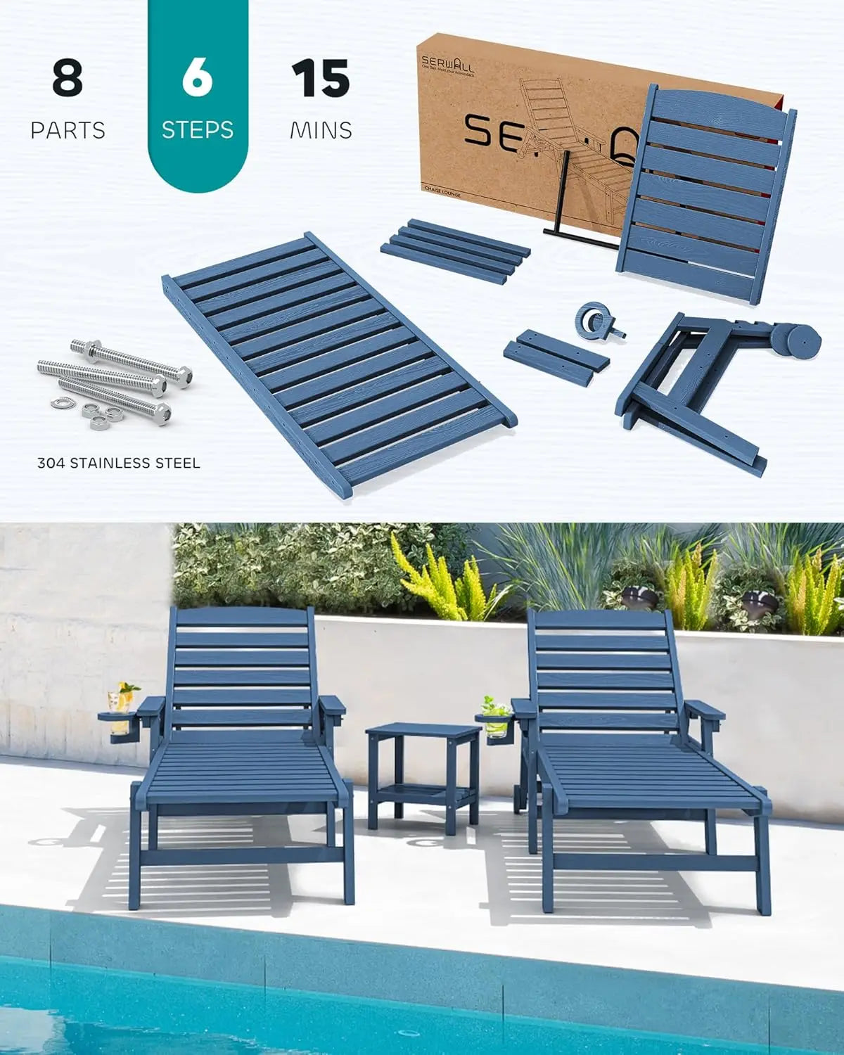 Patio Chaise Lounge Chair Set of 2, 78'' Long 5-Positions Adjustable