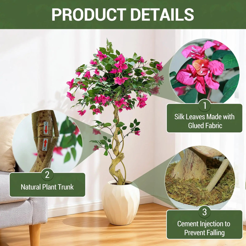 Lifelike Artificial Bougainvillea Tree in White Pot Realistic Silk Foliage
