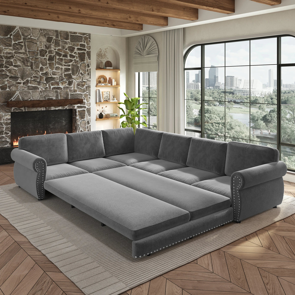 Comfy Cloud Sofa 118" L-Shaped Sleeper Sectional Sofa with Pull-Out Bed 4 color options