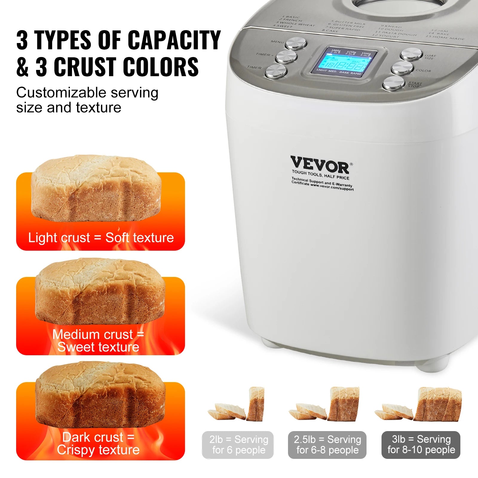2/3 LB Bread Maker 15-in-1 Dough Machine Nonstick
