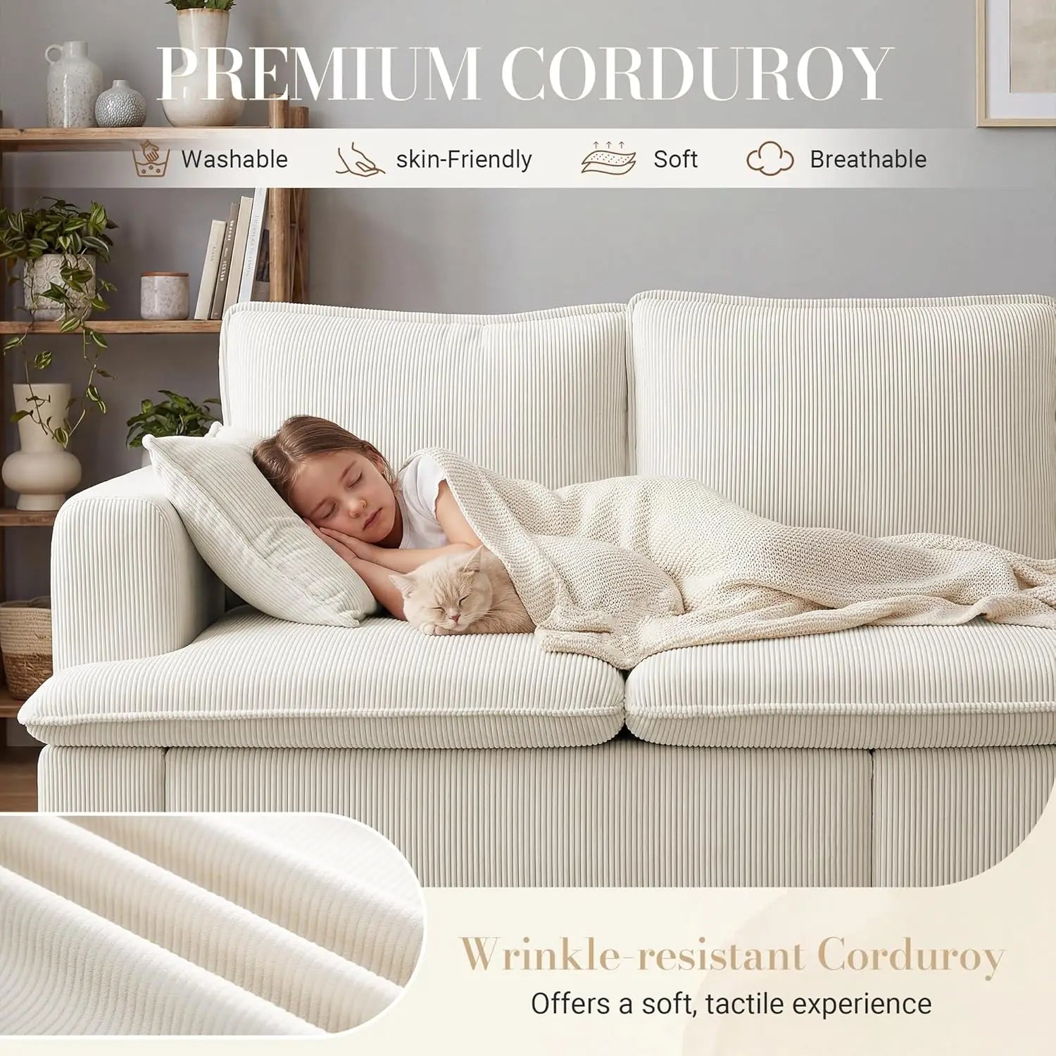 3 Seater Couch, 83" Comfy Corduroy Sofa with Deep Seat, White or Grey
