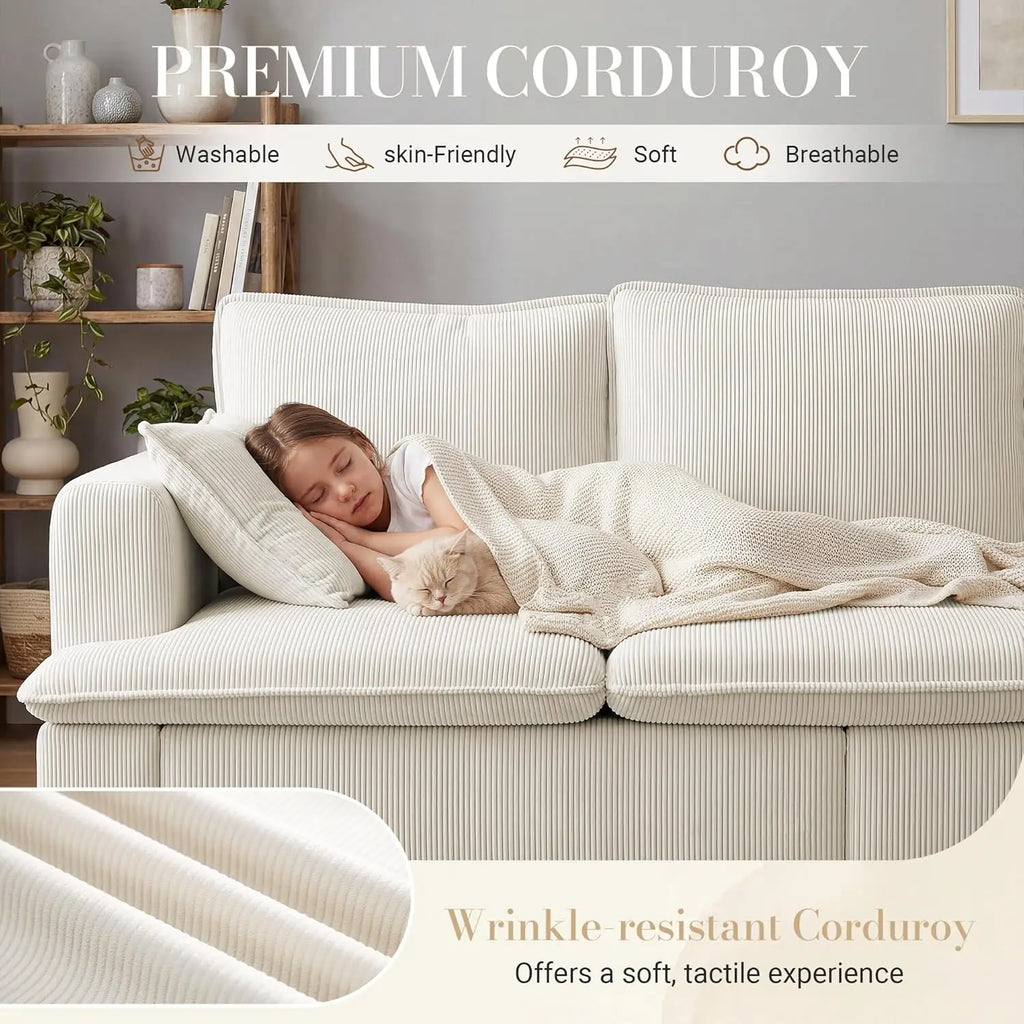 3 Seater Couch, 83" Comfy Corduroy Sofa with Deep Seat, White or Grey