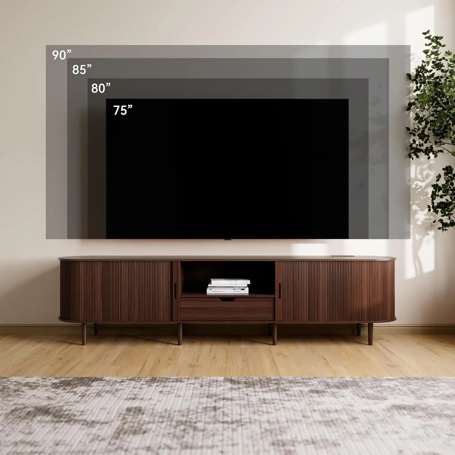 Fluted TV Stand Power Outlet 90" Console 86.6" long