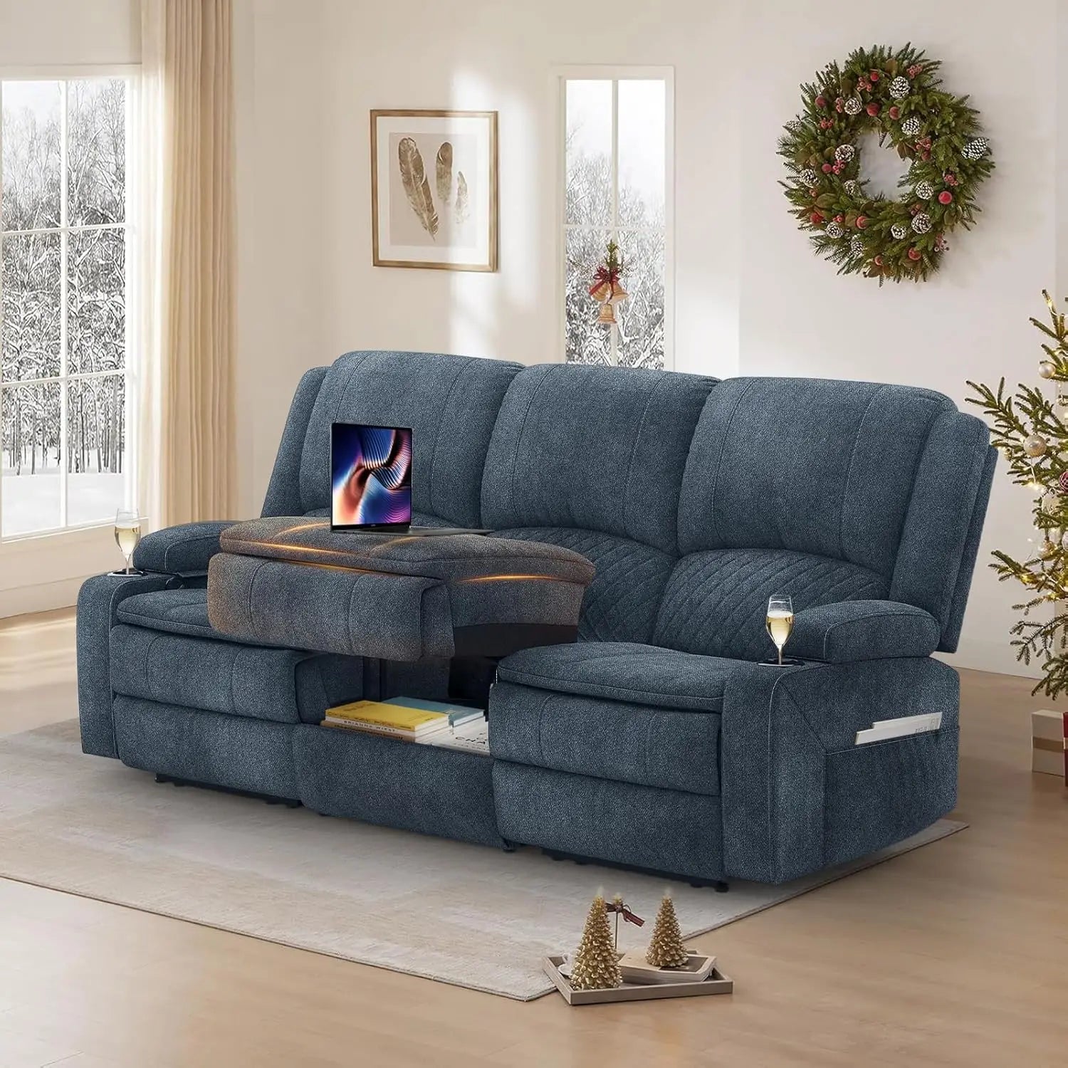 3 Seat Recliner Sofa with Console, Armrest, PU Leather, Cup Holders, USB Ports