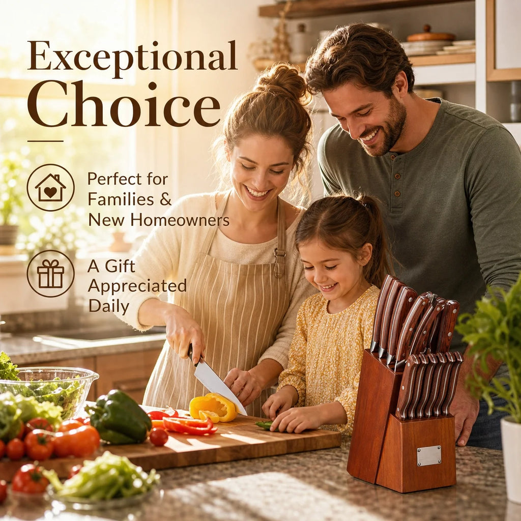 Elegant  16 Pcs Kitchen Knife Set with Sharpener & Acacia Wooden Block, Stainless Steel Brown Wood Handle, Multi Cooking Knives