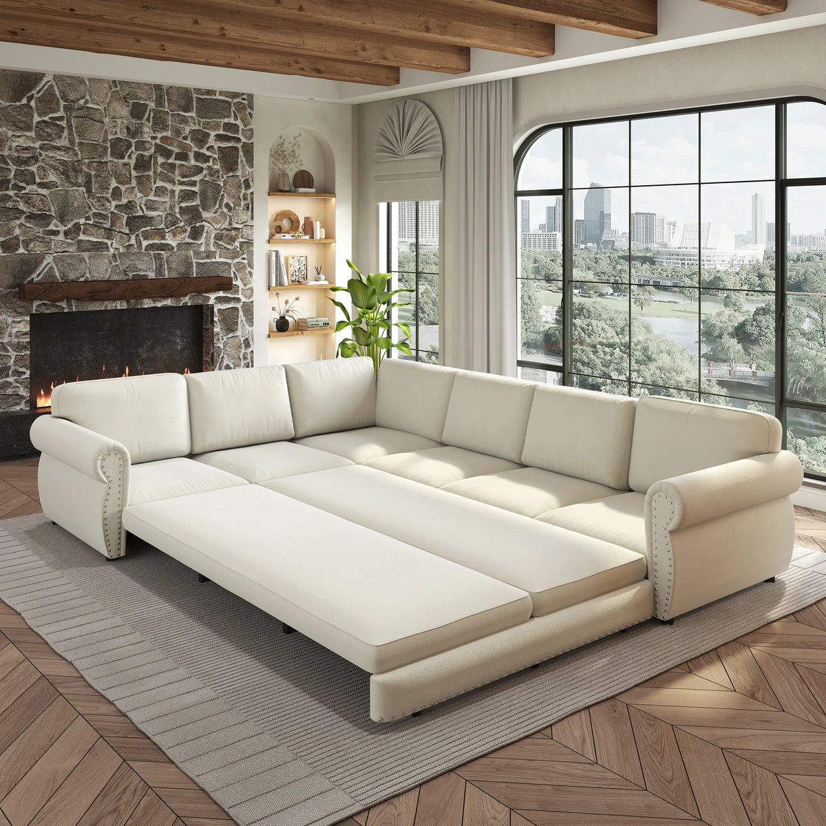 Comfy Cloud Sofa 118" L-Shaped Sleeper Sectional Sofa with Pull-Out Bed 4 color options