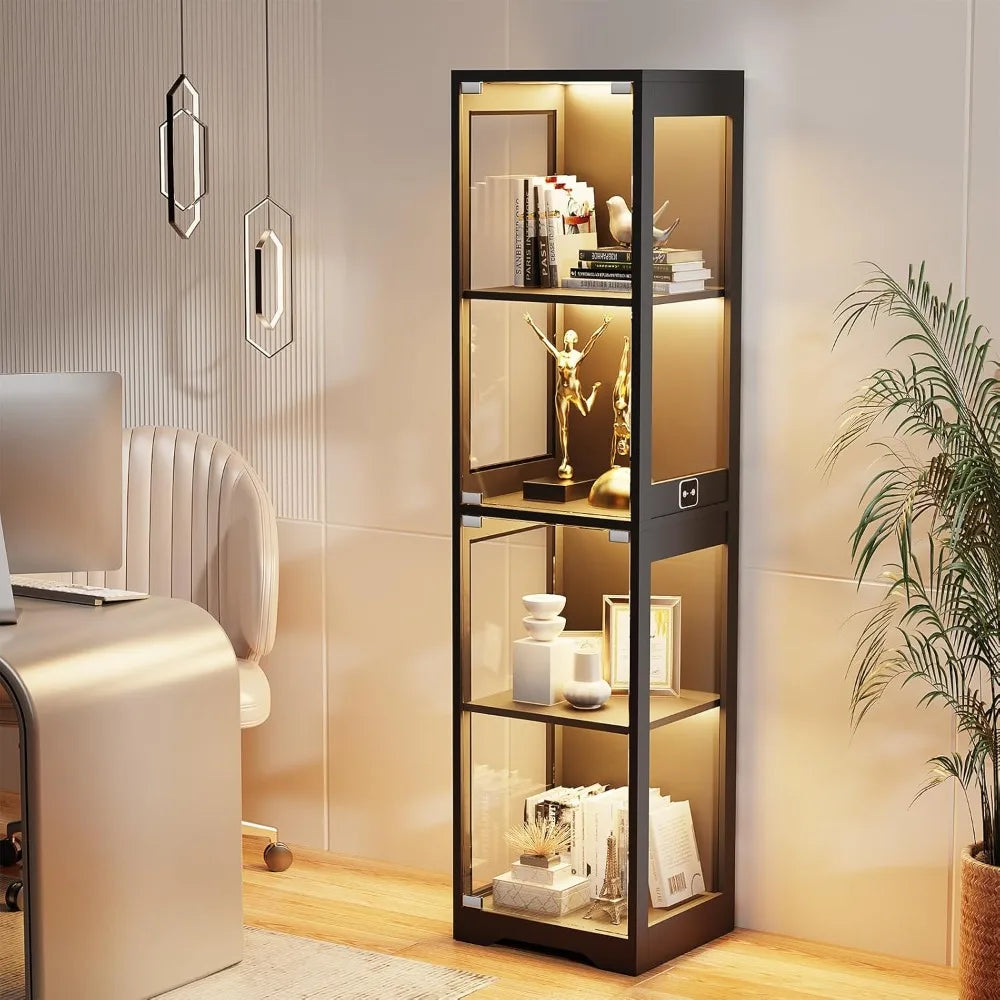 4-Tier Glass Display Cabinet with 3 Color LED Lights - Black