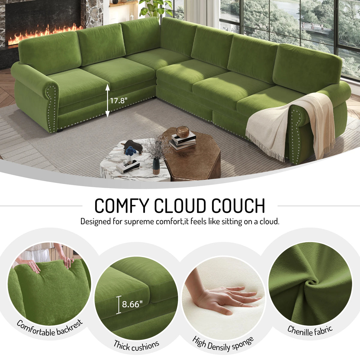 Comfy Cloud Sofa 118" L-Shaped Sleeper Sectional Sofa with Pull-Out Bed 4 color options