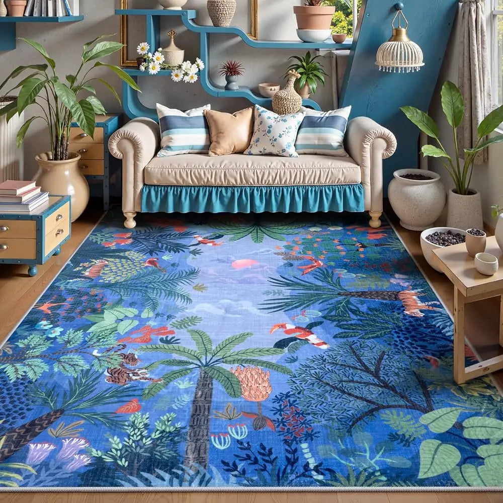Jungle Animal Print 5X7 Blue Rug Living Room, Non-Slip Kids Bedroom Rugs  Washable