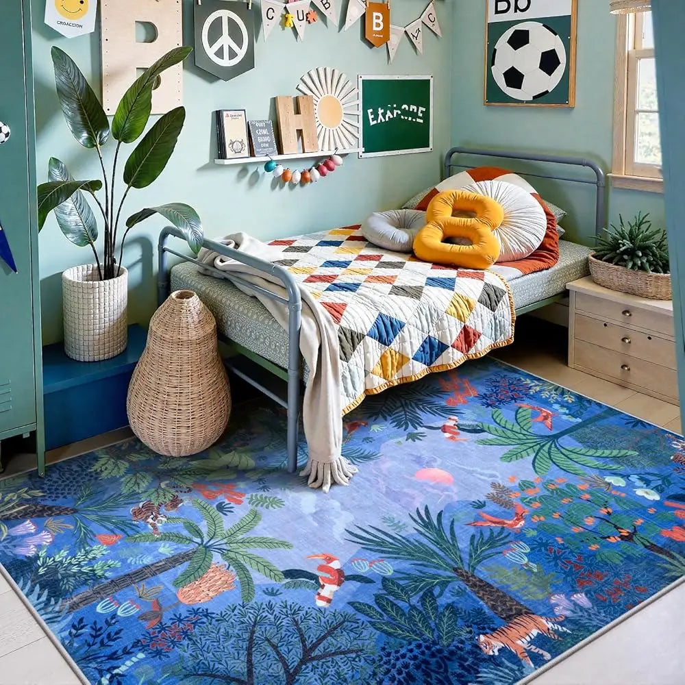 Jungle Animal Print 5X7 Blue Rug Living Room, Non-Slip Kids Bedroom Rugs  Washable