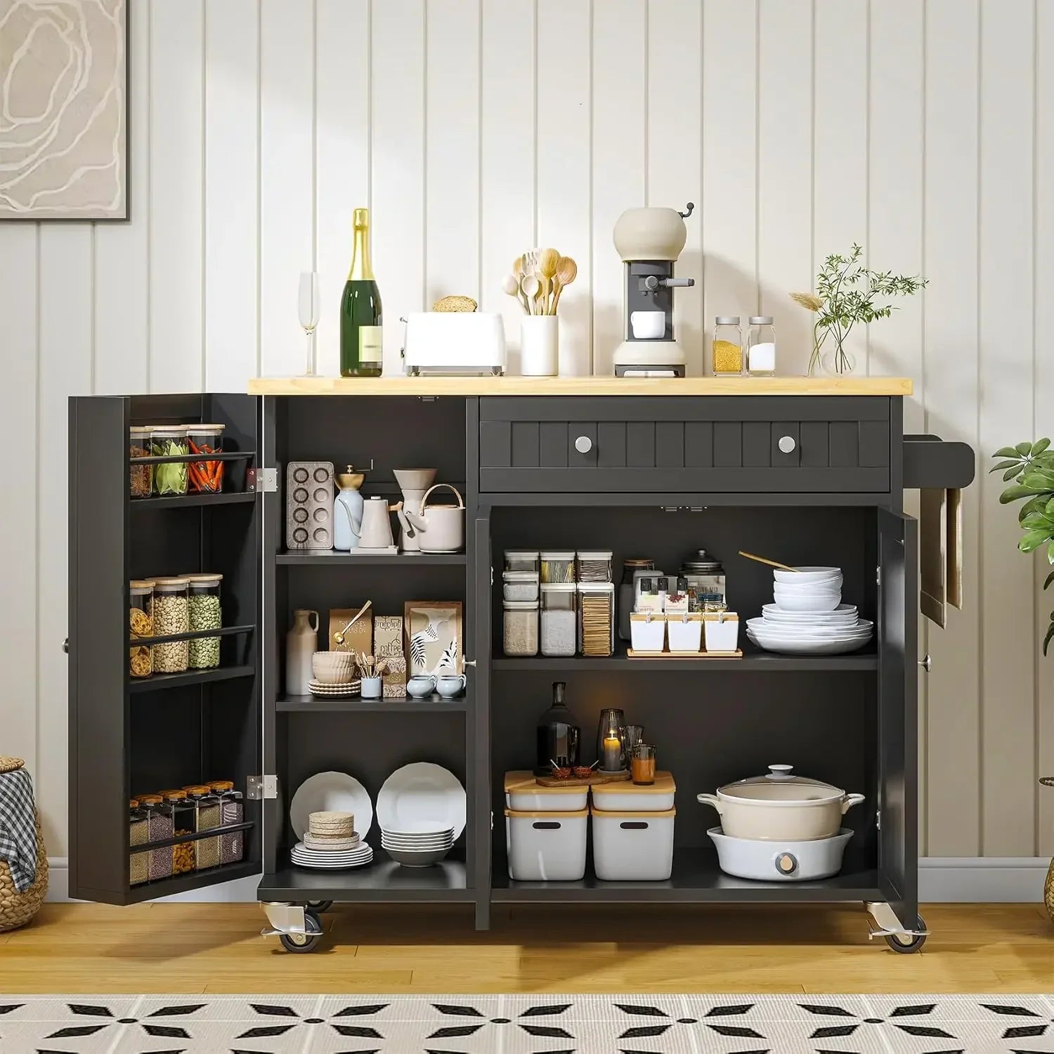Kitchen Island with Drop Leaf, Island Table on Wheels with Storage Cabinet,