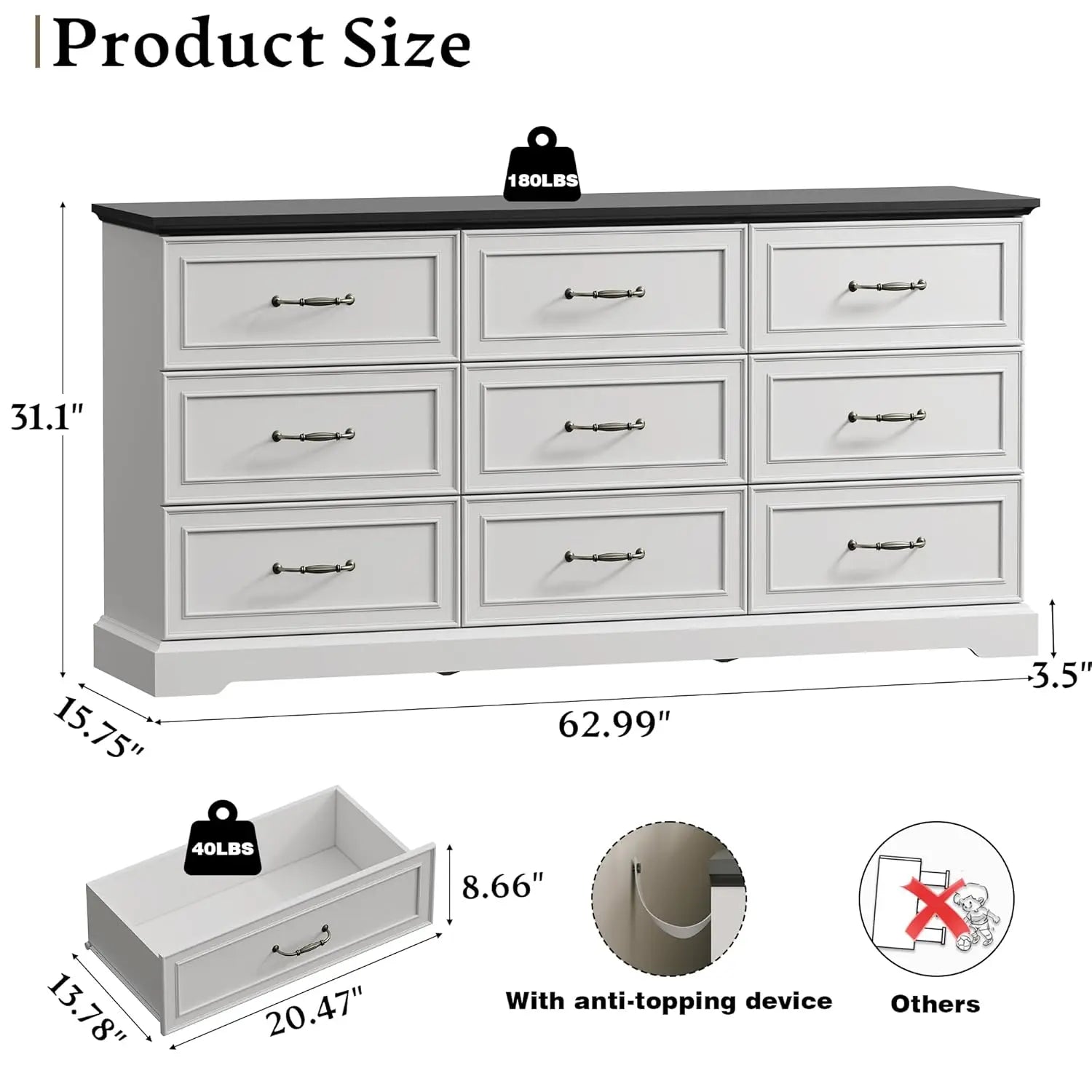 Farmhouse Drawer(9) Rustic Wood Dresser with Deep Drawers & Bar Handles ,63" Wide