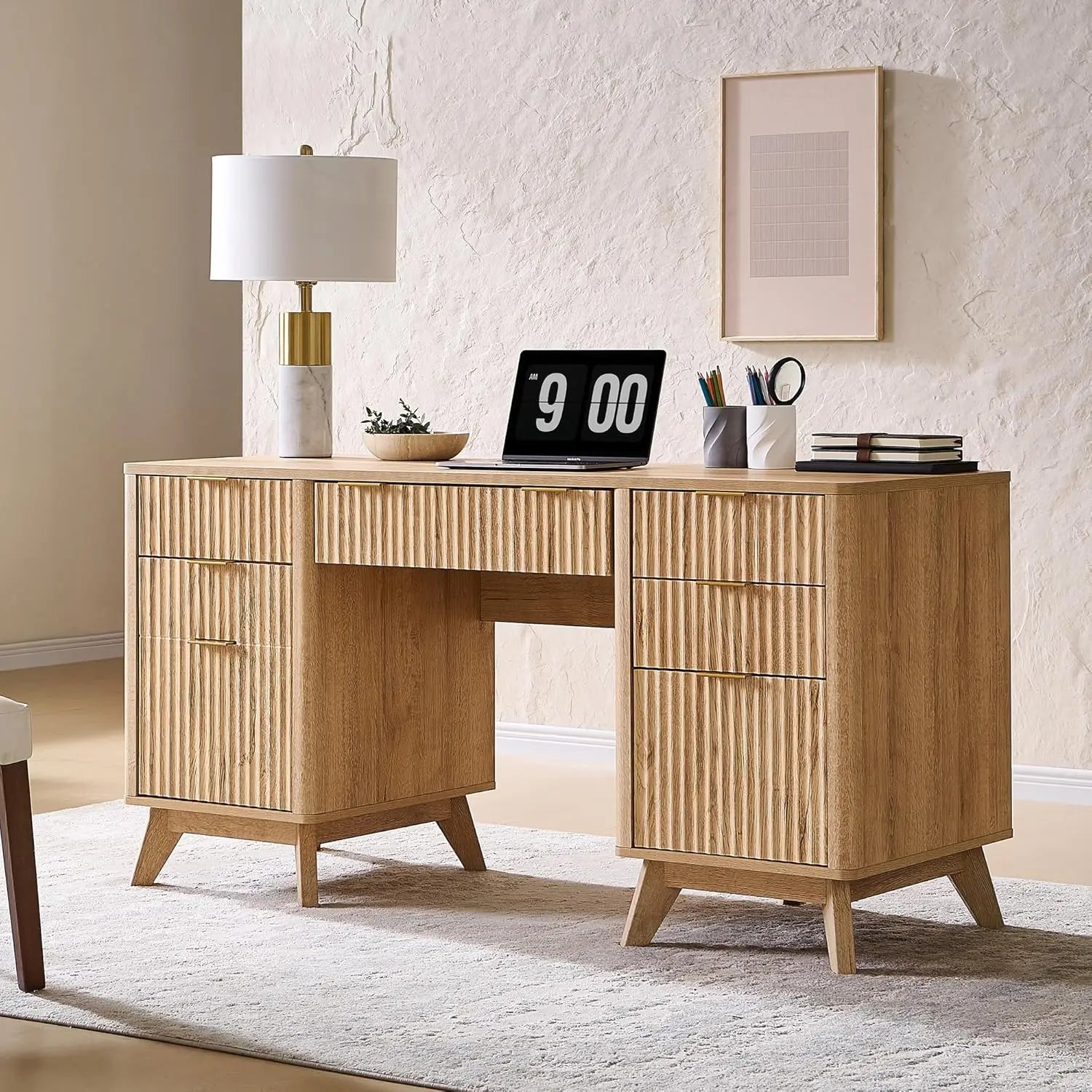 Fluted Executive Desk with Drawers, 60" Modern Home Office Computer Desk