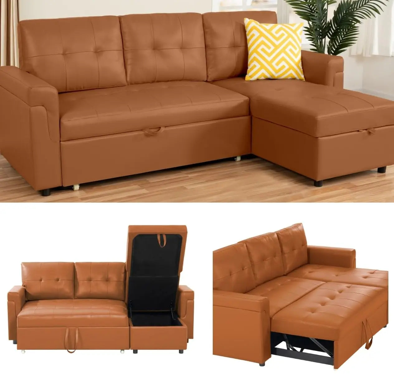 L Shaped Sleeper Sofa Bed with Storage & Pull Out Chaise Small Sectional Couch Living Room Air Leather Customized