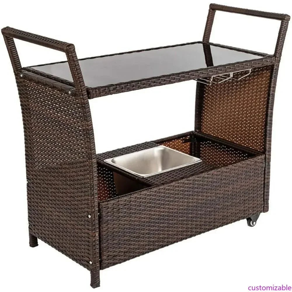 Hot-sellingRattan Outdoor Bar Cart on Wheels with Ice Bucket and Glass Top for Serving Drinks