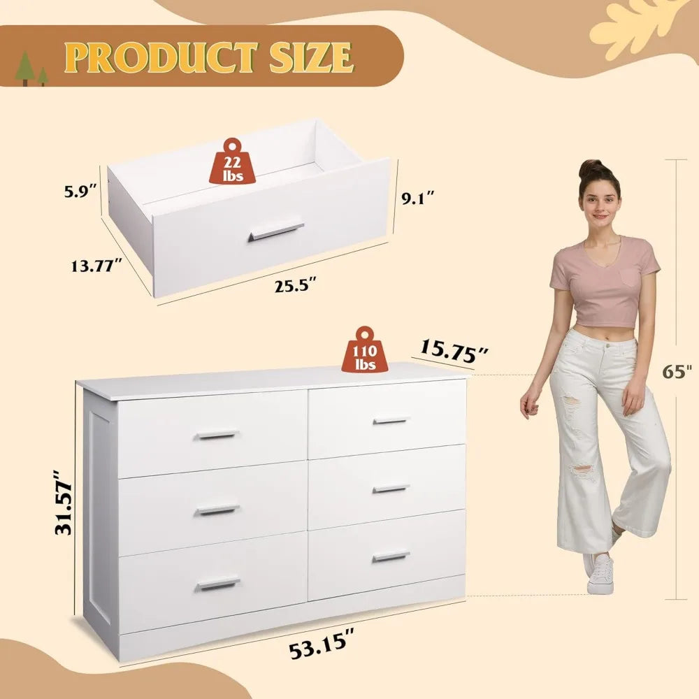 Exquisite White Dresser with 6 Drawers, Wide Wooden Chest of Drawers for Bedroom, Large White Storage Tower Unit