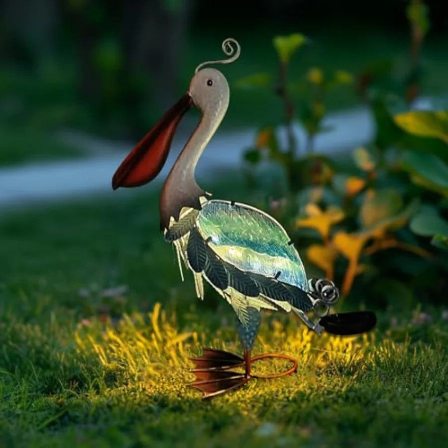 Solar Metal Crane or Pelican Statue Garden Heron Sculpture Yard Art