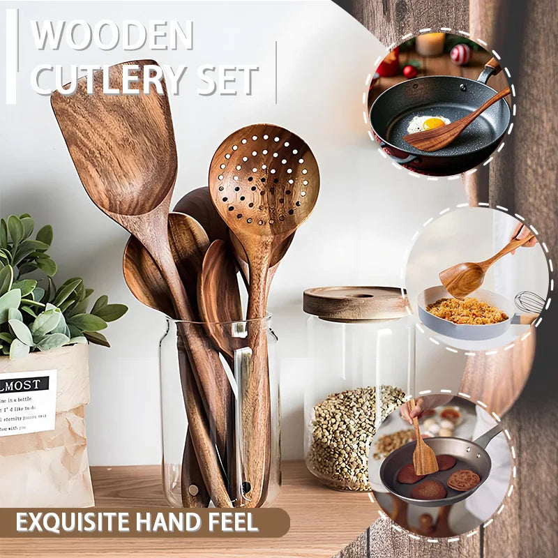 Kitchen Luxury Teak Wood Utensil Set 5-Piece Cooking Ensemble Including Spoons, Server, Scraper & Spatula