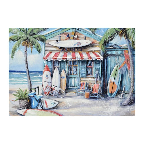 Blue Seaside Villa Surfboard Coconut Tree Ocean  Canvas Wall Art