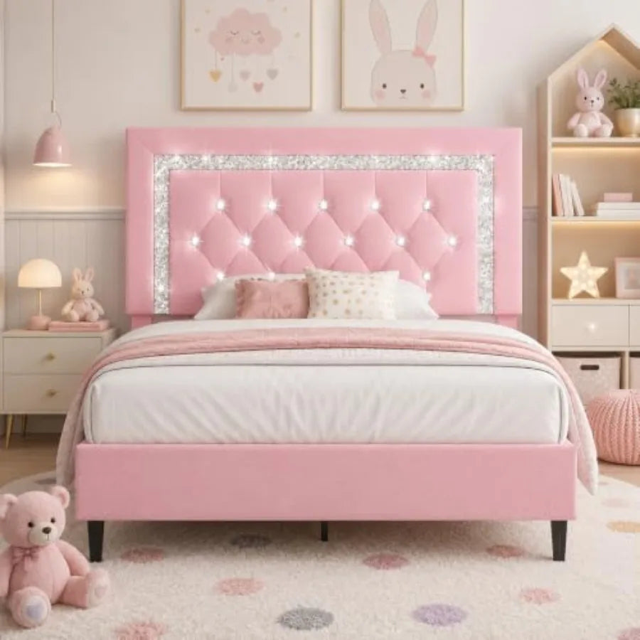 Glamous Girls Twin Diamond Tufted Button Headboard, Elegant Pink Fabric Upholstery