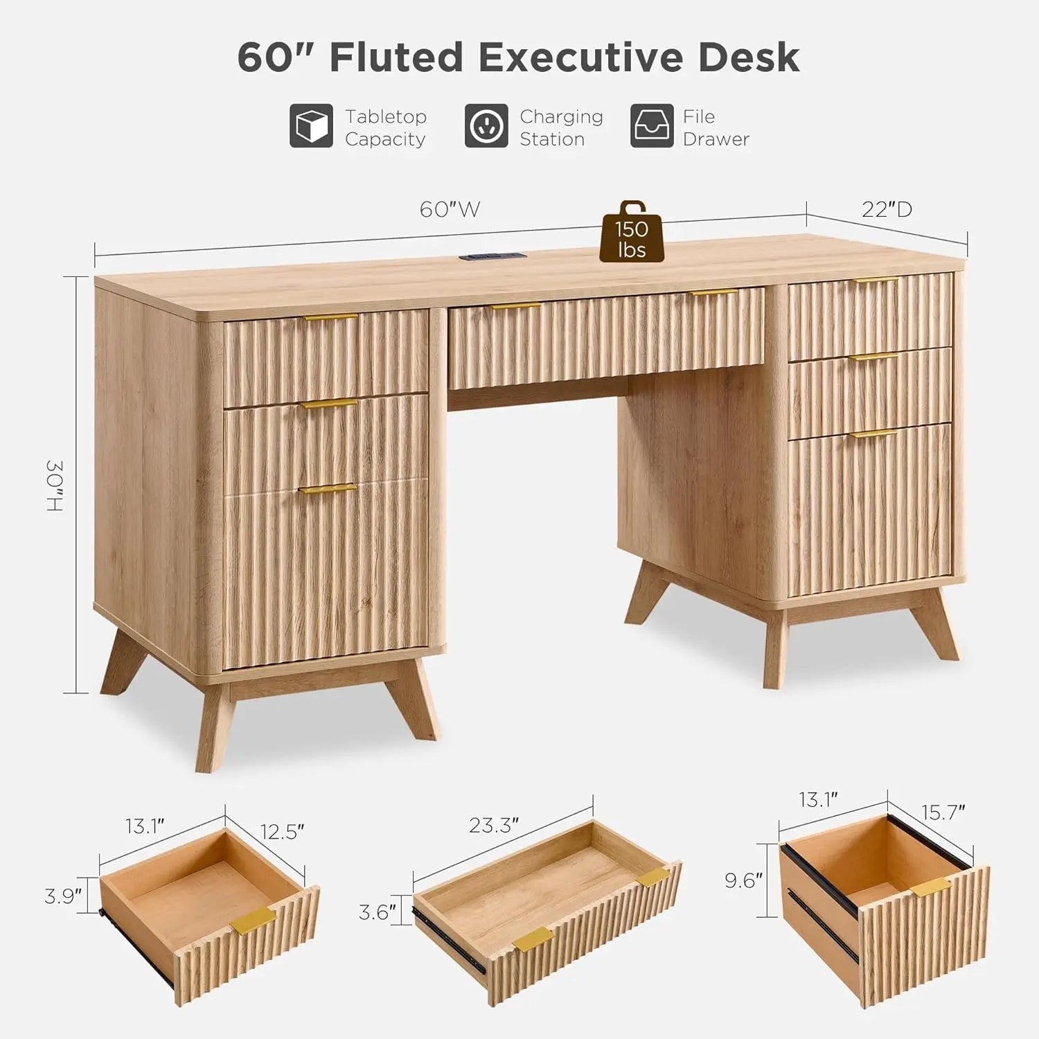 Fluted Executive Desk with Drawers, 60" Modern Home Office Computer Desk
