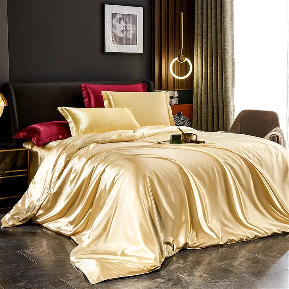 Solid Silk Bedding Set with Duvet Cover Bed Sheet Pillowcases