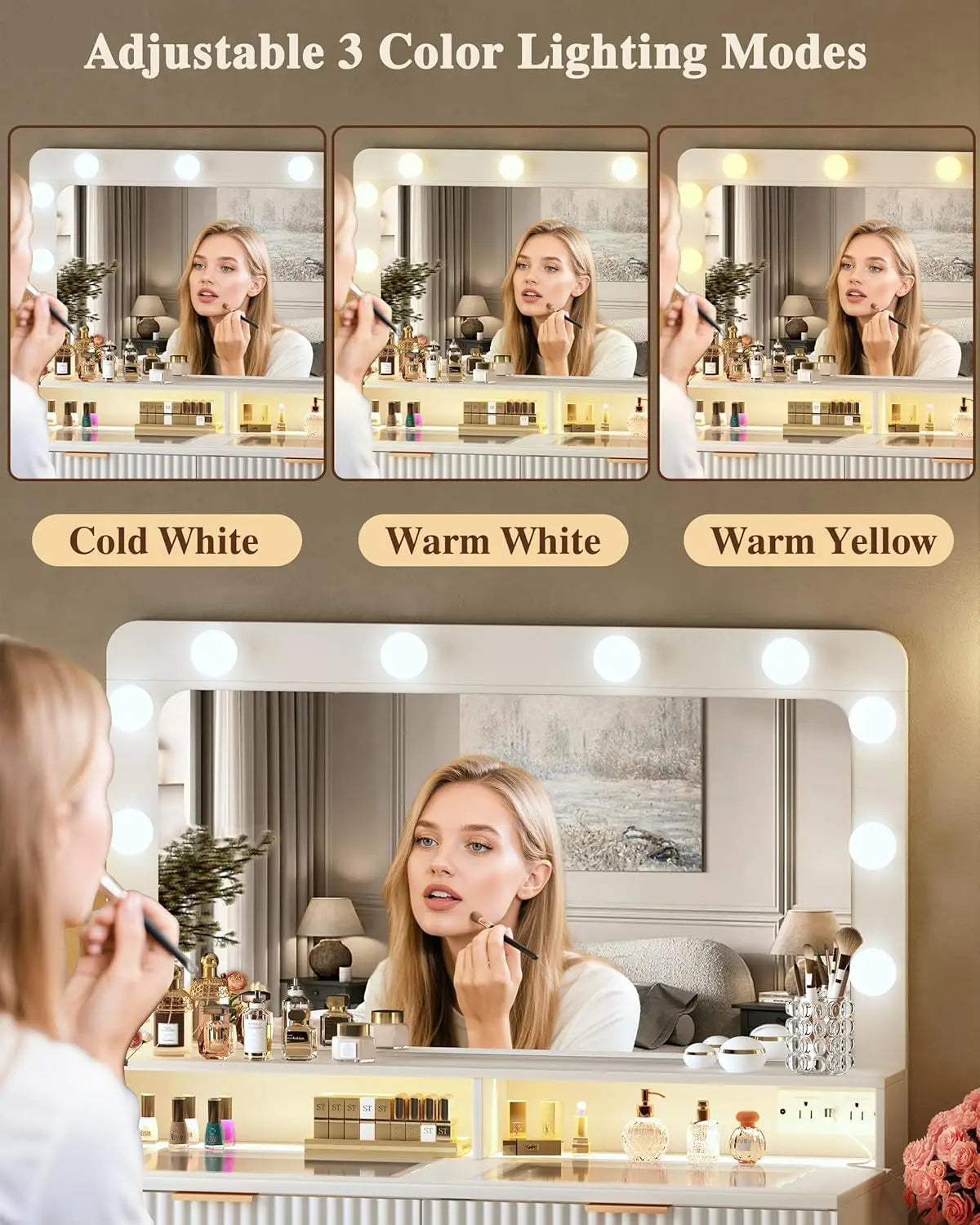White Fluted Makeup Vanity with Lighted Mirror, Glass Top, 5 Drawers & Built-in Power Outlet