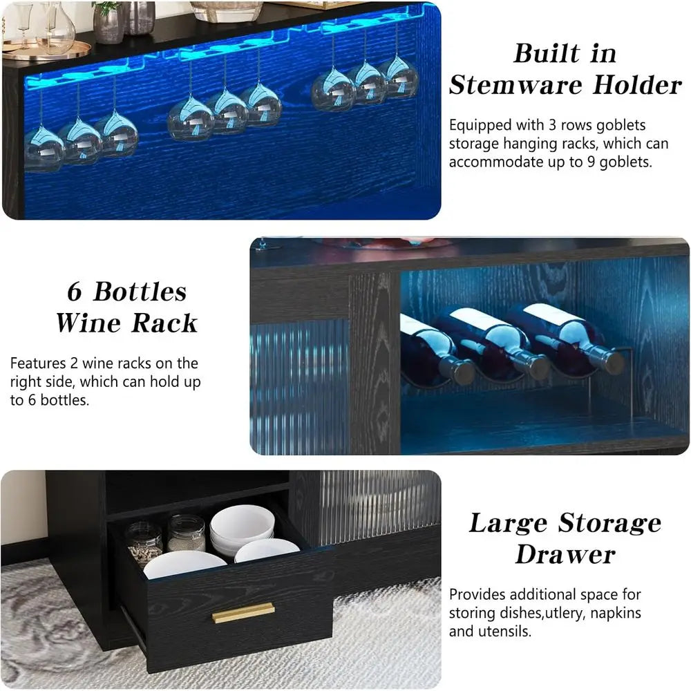 Modern Black LED-lit Home Bar Cabinet with Storage