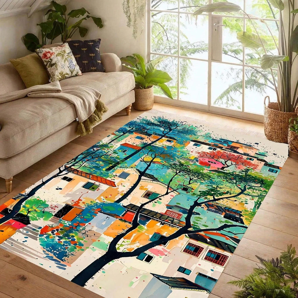 Color Splash Country Rug, Abstract Colorful Town Rug, Machine Washable, Non-Slip.