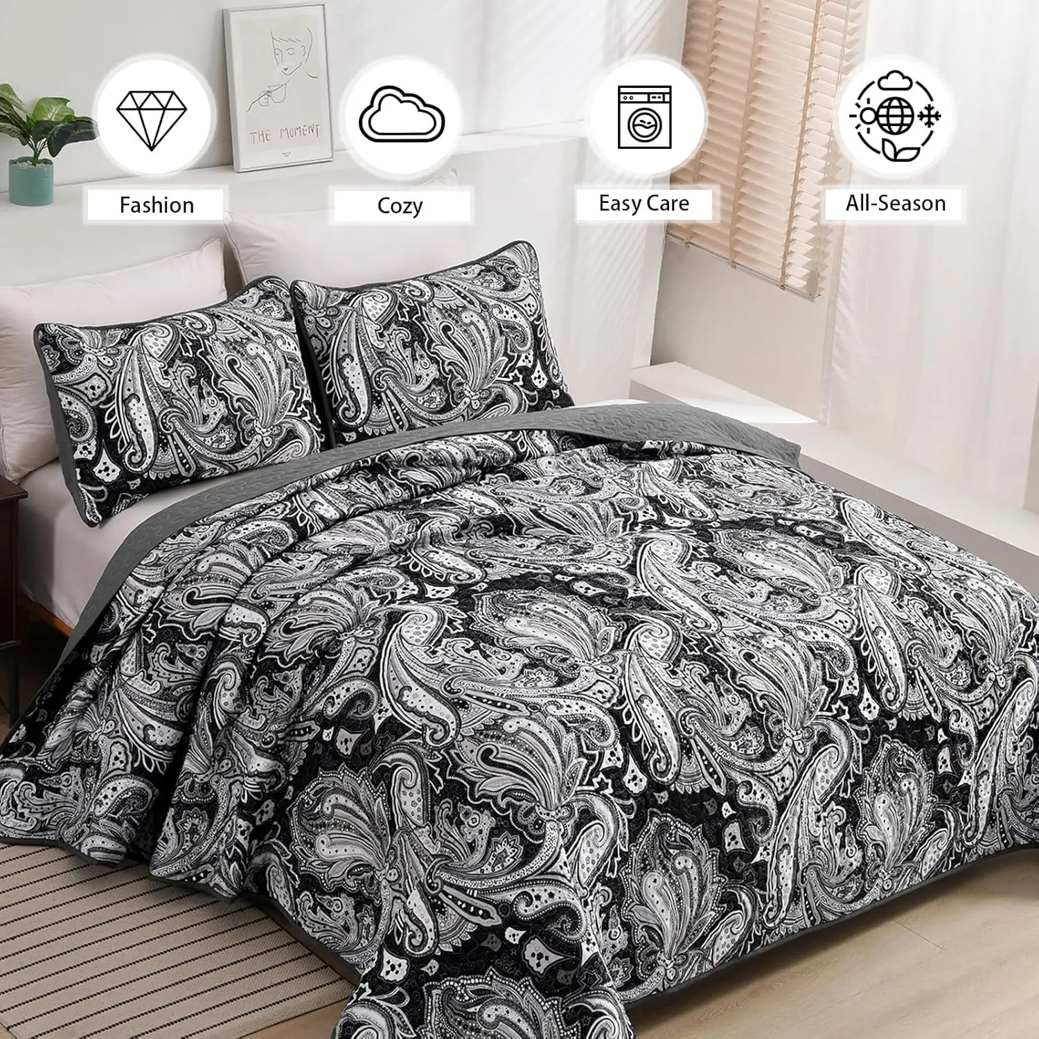King Size Black Paisley Quilt Set, 3-Piece Boho Bedspread